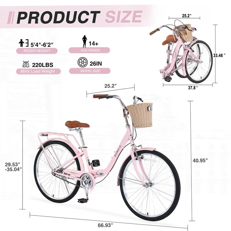 Ladies' Folding Bike - Durable Steel Frame, Single Speed, Compact Design for Storage & Commuting - 26
