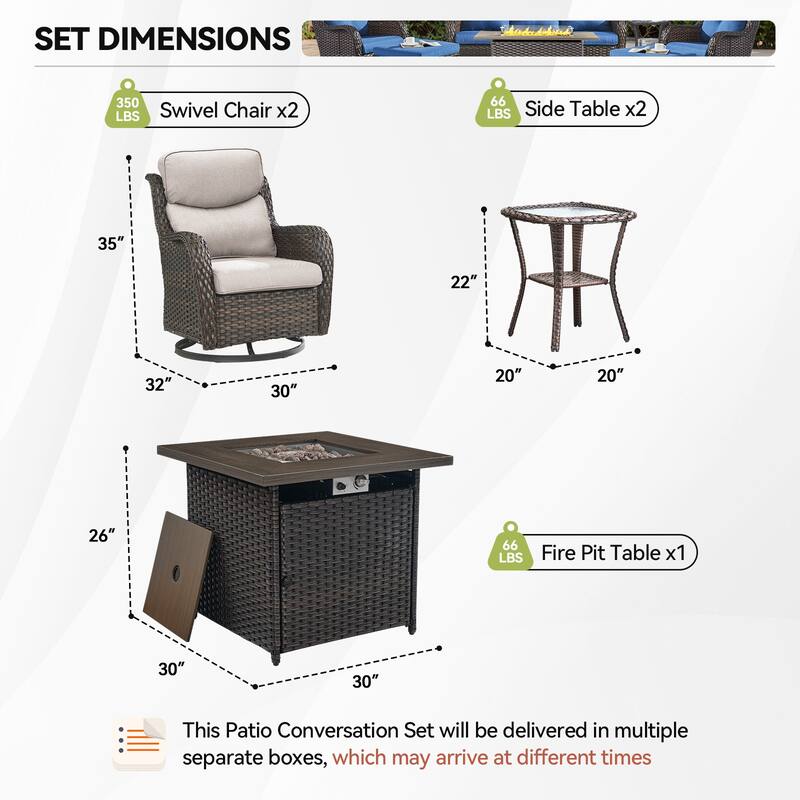 7 Pieces Outdoor Gliders Chairs Table Fire Pit Table with 5-Inch Thick Cushions