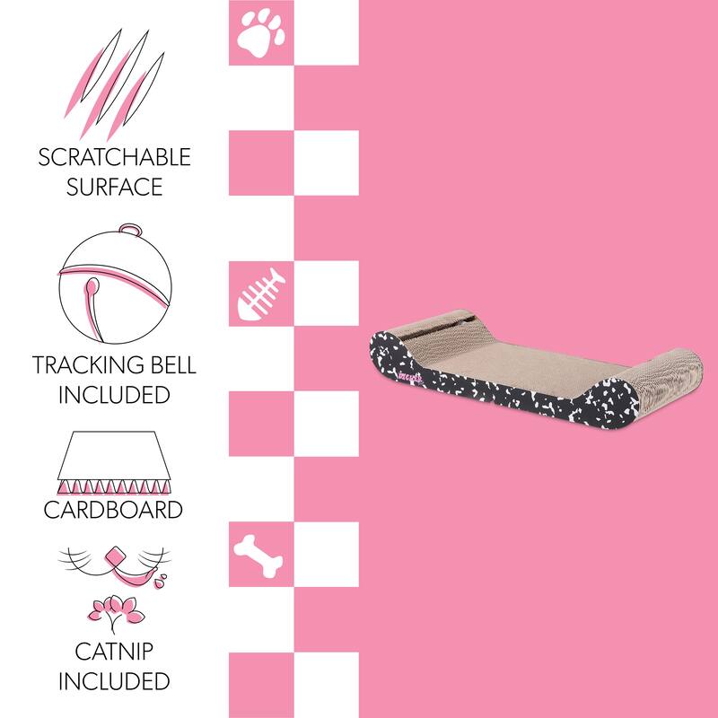 Rini 23.75" Modern Cardboard Lounge Bed Cat Scratcher with Built-In Bell Toys and Catnip, Black/White
