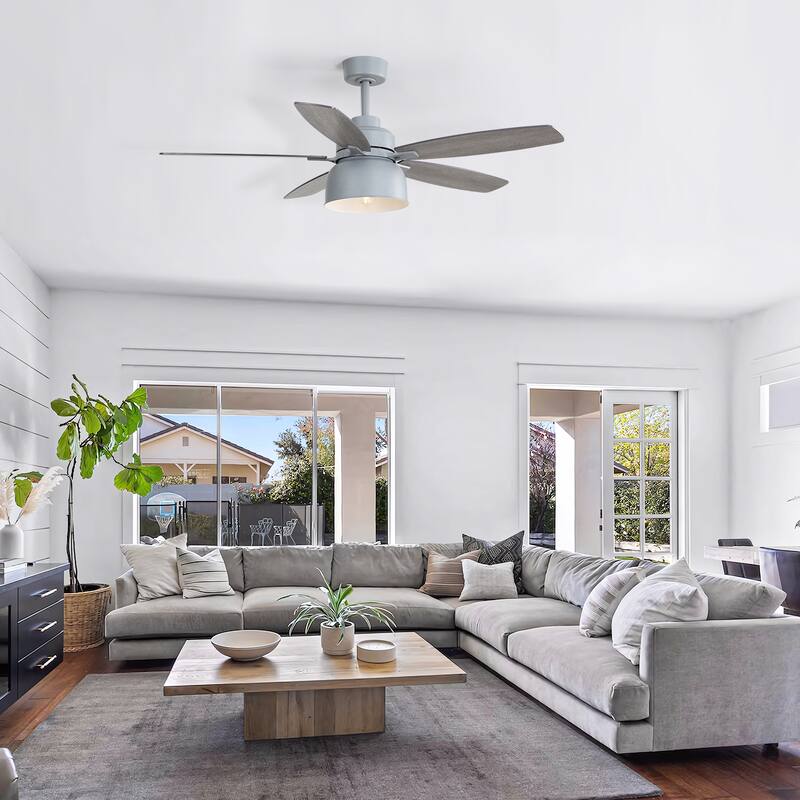 52-Inch Premium Cement Gray Ceiling Fan With Light,E26 Bulb Included,Remote Control,DC Motor,5 Plywood Blades