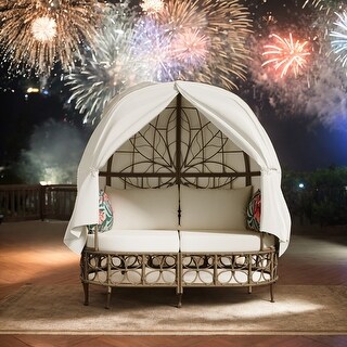 90.5" Length Outdoor Sunbed With Colorful Pillows, Wicker Patio Daybed With Cushions Tent Shape Gray And Blue