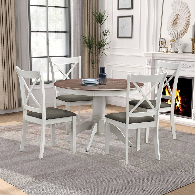 (1 Table with 4 Chairs)Wooden Dining Table Set for 4 Persons, Modern Design Round Kitchen Table with Curved Trestle Legs
