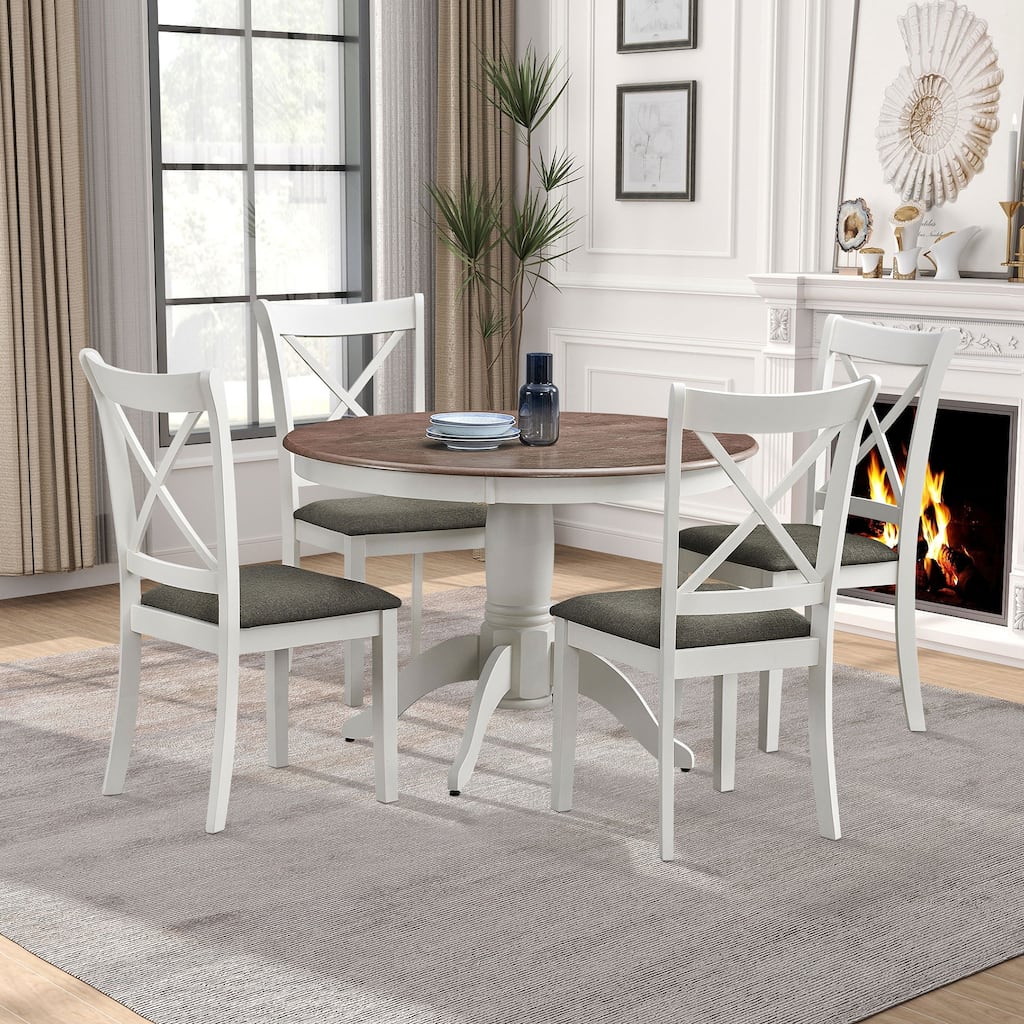 (1 Table with 4 Chairs)Wooden Dining Table Set for 4 Persons, Modern Design Round Kitchen Table with Curved Trestle Legs