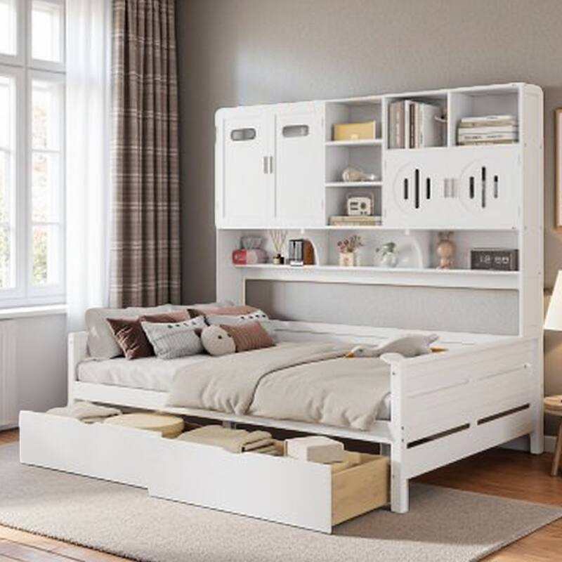 Full Size Wood Daybed with Built-In Cabinet, Bookshelf & 2 Storage Drawers, No Box Spring Needed, Space-Saving Bed Frame