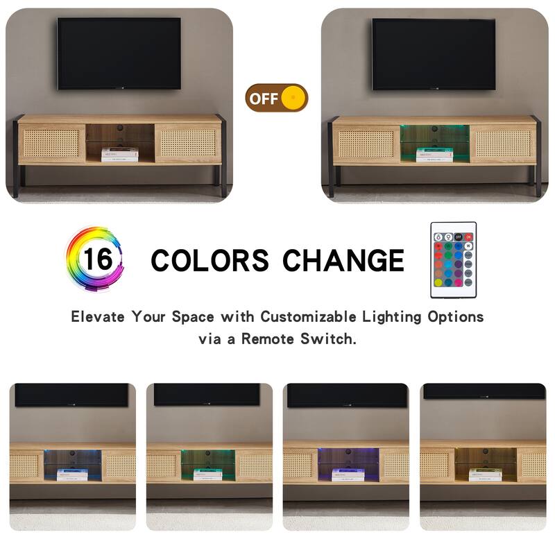 54.33" Rattan TV cabinet with variable color light strip, double sliding doors for storage, adjustable shelf, metal legs