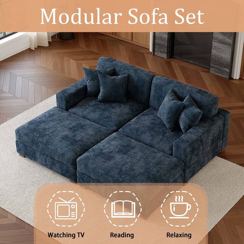 Oversized Chenille Modular Sectional Sofa Conversation Set with 2 Ottomans