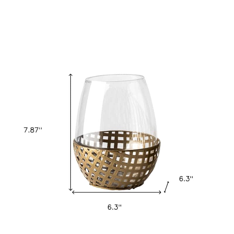 8" Gold Woven Metal And Glass Tabletop Hurricane Candle Holder