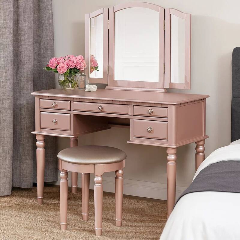 Vanity Set with Turned Tapered Legs and Three Piece Mirror, Rose Gold