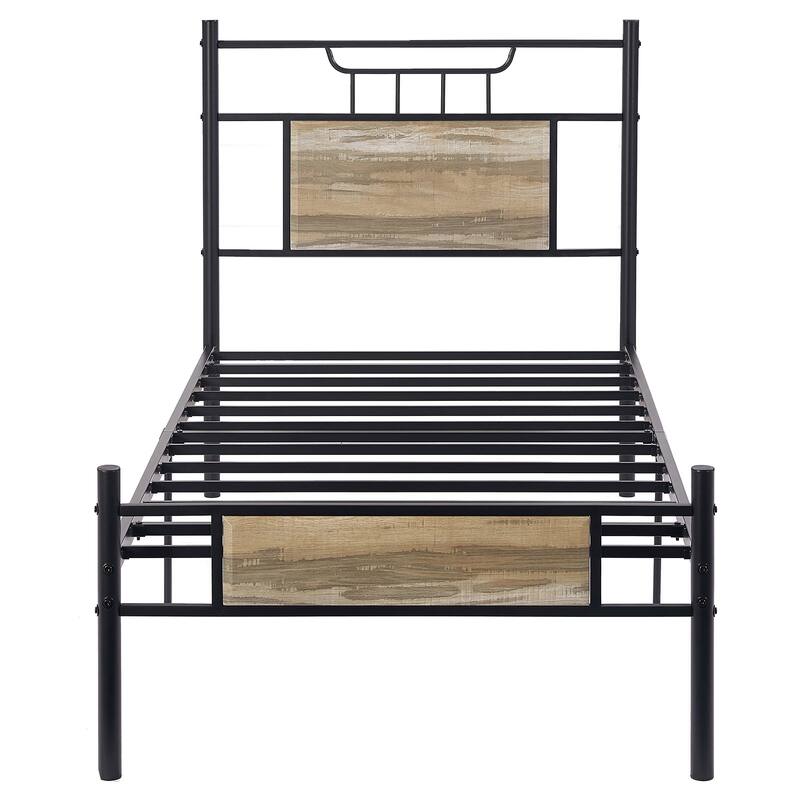 VECELO Industrial Bed Frame with Wood Headboard,Twin/Full/Queen Size Bed, Black/Brown/Slate-3 colors