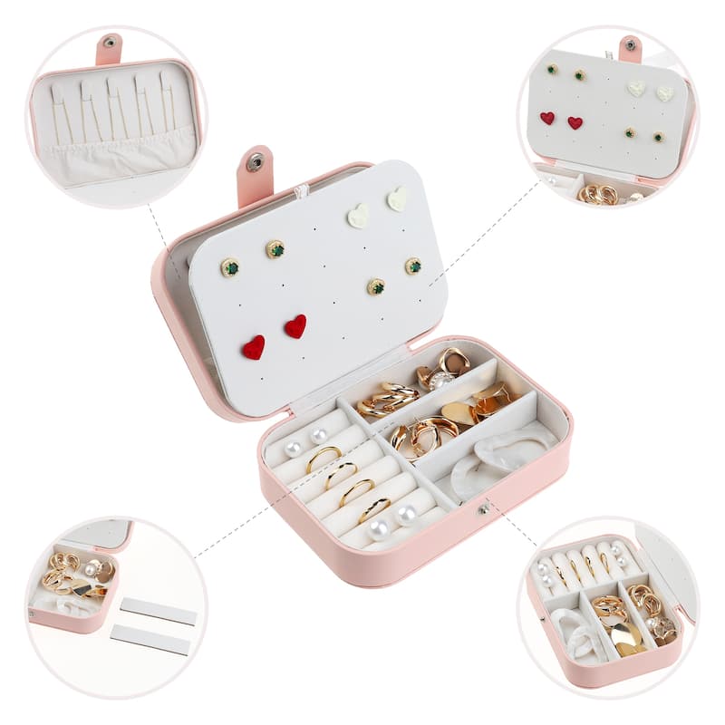 Letter Travel Jewelry Box for Girls Women Gifts, Portable PU Leather Jewelry Organizer Case Storage Display Holder - Pink