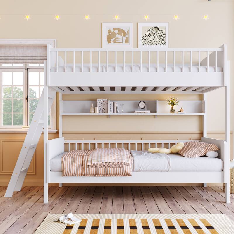 Modern Twin over Twin Bunk Bed with Storage Shelves, Solid Wood Twin Size Bunk Bed Frame with Safety Guardrails and Ladder - White - Twin