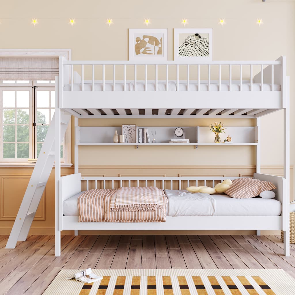 Modern Twin over Twin Bunk Bed with Storage Shelves, Solid Wood Twin Size Bunk Bed Frame with Safety Guardrails and Ladder