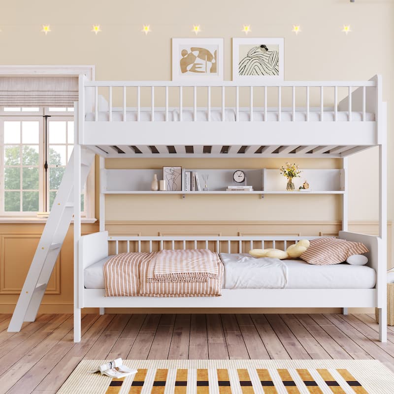 Twin Over Twin Wood Bunk Bed with 3 Storage Shelves, Reversible Ladder