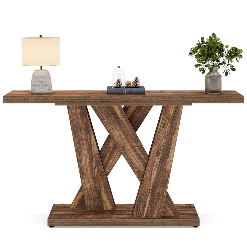 55'' Farmhouse Console Table, Wood Entryway Table with Geometric Base