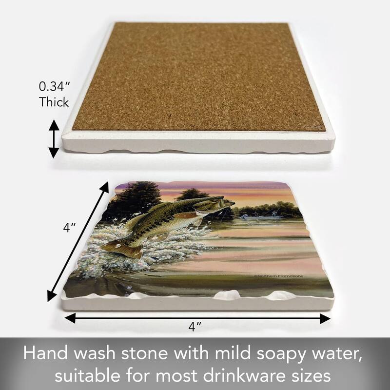 Bass Attack 4 Pack Tumbled Tile Stone Coaster with Protective Cork Backing Manufactured in The USA 4" Square