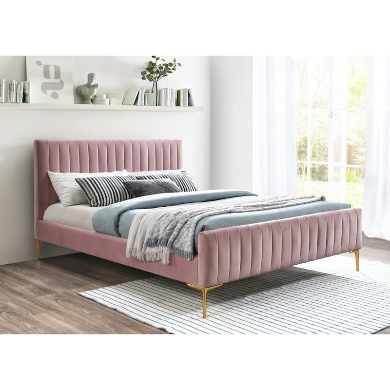 Omax Decor Julia Upholstered Platform Bed with Channel Tufted Headboard and Gold Legs