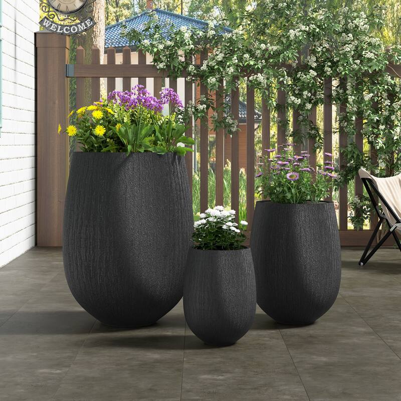 Egg-Shaped Lightweight MGO Outdoor Planter Set of 3,Modern Stone-Look Textured Flower Pots with Drainage Holes and Rubber Plug