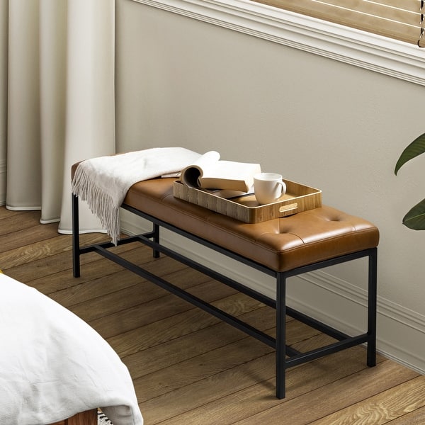 slide 2 of 8, HULALA HOME Horst 50 in.W Contemporary Upholstered Bench with Metal Legs Camel