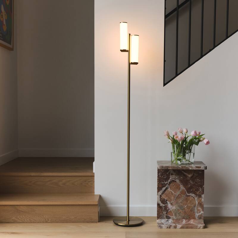 Brightech Gemini 64 in. Antique Brass Industrial 2-Light 3-Way Dimming LED Floor Lamp with 2 Frosted White Glass Cylinder Shades