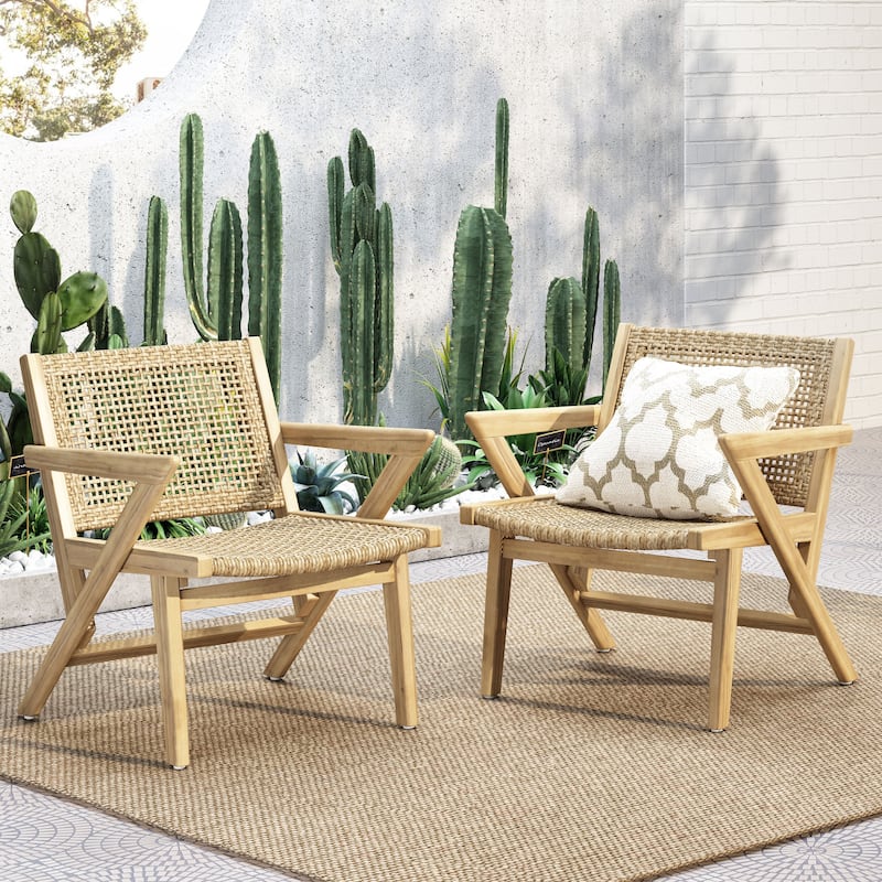Roomfitters Mid-Century Woven Lounge Chairs with Angled Wood Frame, Patio Seating Set of 2, Natural Beige