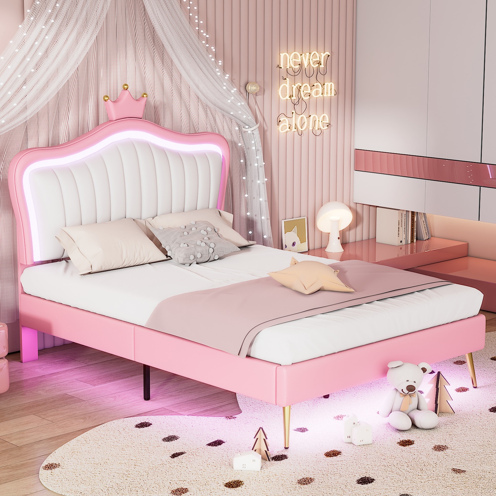 Full Size Platform Bed Upholstered Bed Princess Theme Bed With Crown  Headboard \u0026 LED Lights for Kids Teens Adult, White/ Pink - Bed Bath \u0026  Beyond - 39134562, image size:2000x2000