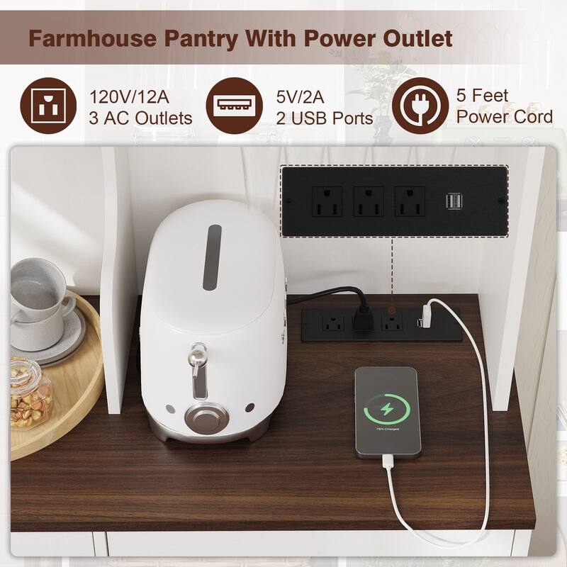 Modern Kitchen Pantry Cabinet with Power Outlet, Microwave Stand, Wine Glass Holder for Dining Room & Home Bar