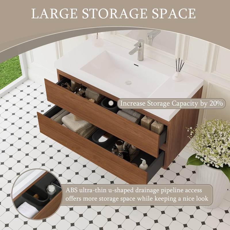 GDFStudio - Benjamin Modern Floating Bathroom Vanity with Integrated Resin Sink and Soft-Close Storage Drawers