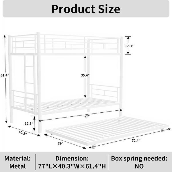 Heavy-Duty Sturdy Metal Twin over Twin Bunk Bed with Trundle, Noise-Reduced Design, and Safety Guardrail for 3 Kids, White