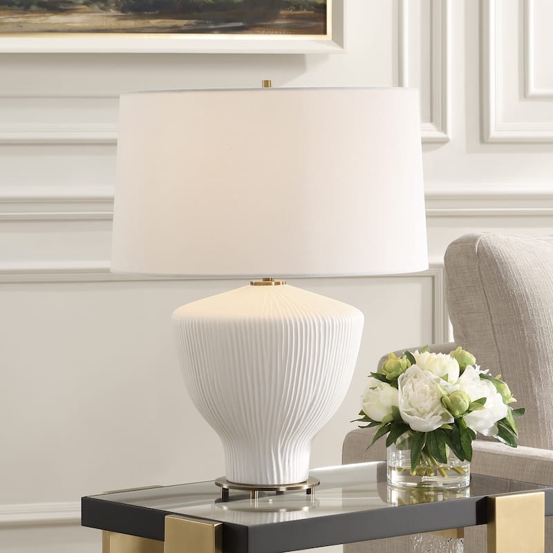 Vertical Ribbed Ceramic Table Lamp with Drum Shade - 23.5" - White