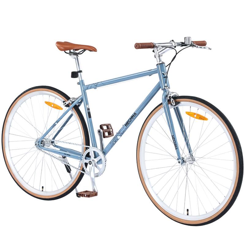 Single-Speed 700C Road Bike for Men and Women, Retro Style Steel Frame with Caliper Brakes - Blue-gray