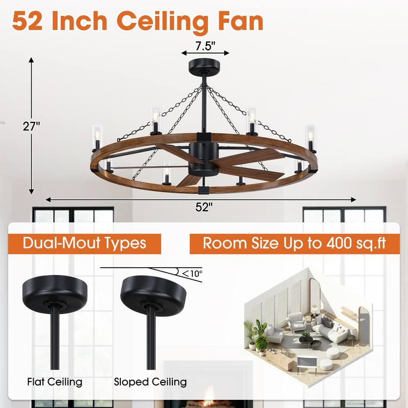 52" Farmhouse Black Wagon Wheel Caged Chandelier Ceiling Fan with Light and Remote