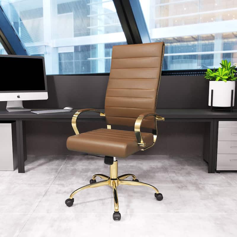 LeisureMod Benmar High-Back Leather Office Chair With Gold Frame - Red - 24.5"Dx22.5"Wx46"H - Light Brown