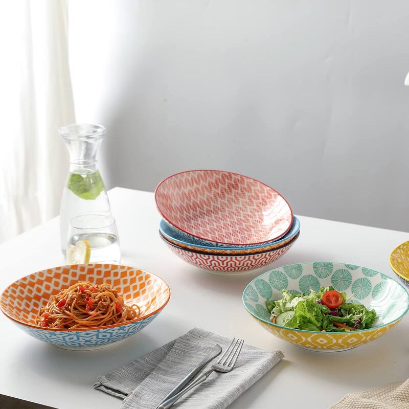 Porcelain 40oz Large Bowls 9 inch Big Pasta Salad Bowls, Microwave and Oven Safe,Set of 6