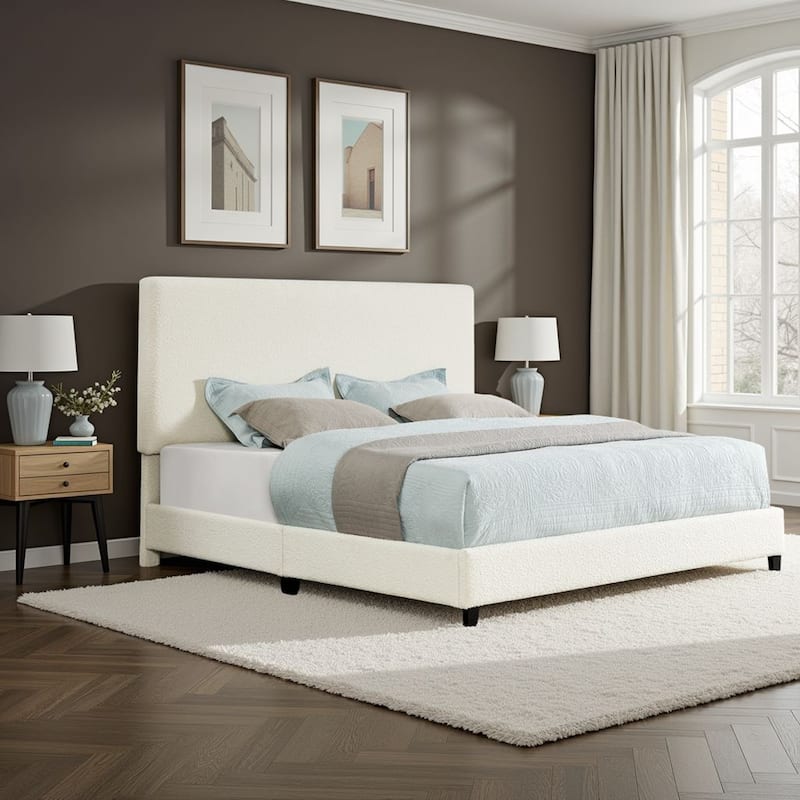 White Boucle Upholstered King Size Platform Bed with Padded Headboard