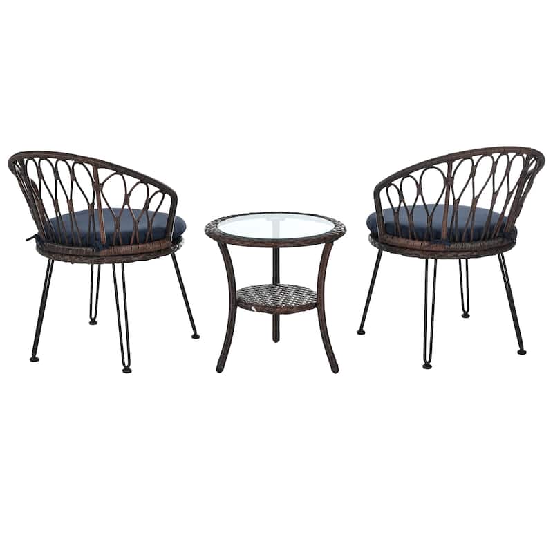 Outdoor Leisure Set, 2 Rattan Single Chairs with A Glass Round Table, Perfectly Suited for Patios, Balconies, and Courtyards
