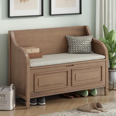 Wood Multi-functional Storage Bench with Safety Hinge, for Entryway