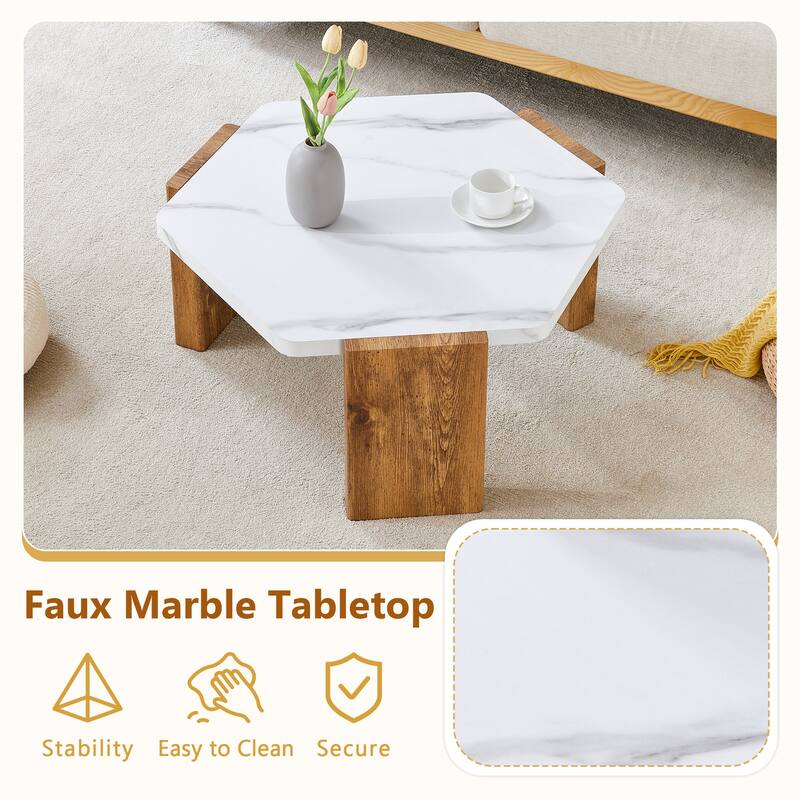 Faux Marble Top Hexagon Coffee Table Cocktail Table with Wooden Triangular Base