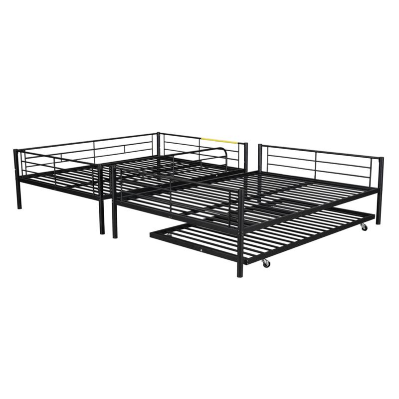 Metal Bunk Bed with Trundle and Guardrail, Convertible to Two Beds