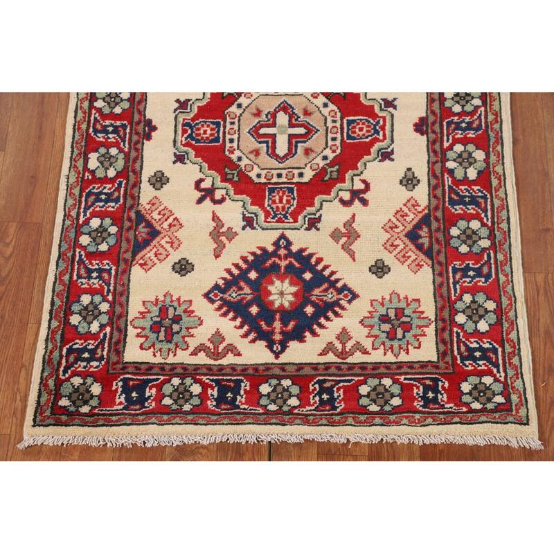 Beige Geometric Kazak Foyer Rug Hand-Knotted Wool Carpet - 2'9" x 4'1"