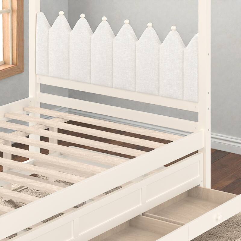 Princess Canopy Platform Bed with Upholstered Headboard, Trundle and 3 Drawers, Kids House Bed Frame with Storage