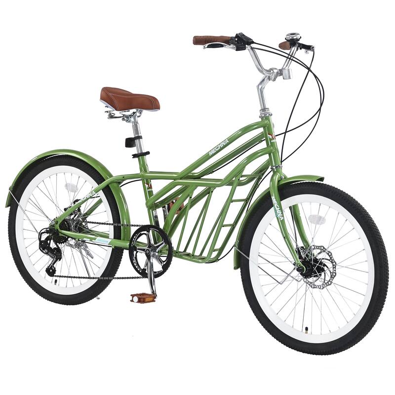 24 Inch Comfort Bike Urban Commuter Bicycles, 6 Speed Road Bicycles w/Dual Disc Brakes, Steel Frame for Teens, 16 Years and Up - Green
