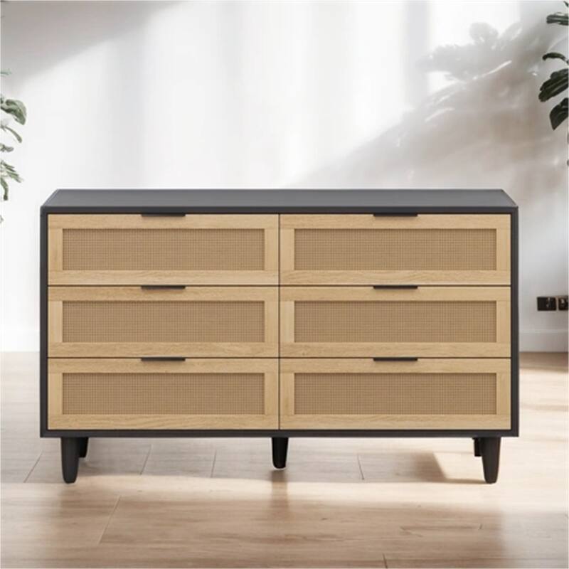 51" Rattan Storage Cabinet with 6 Drawers and Wood Legs