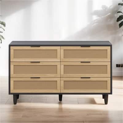 51" Rattan Storage Cabinet with 6 Drawers and Wood Legs
