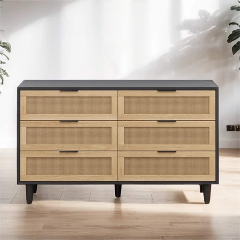 51" Rattan Storage Cabinet with 6 Drawers and Wood Legs