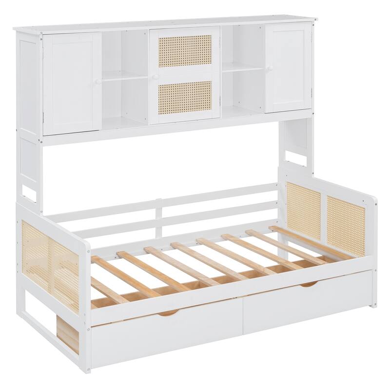L-Shape Twin Size Daybed with Storage Cabinet and 2 Drawers, Bedroom Storage Bed Frame with Bookshelf, Wood Slats Support