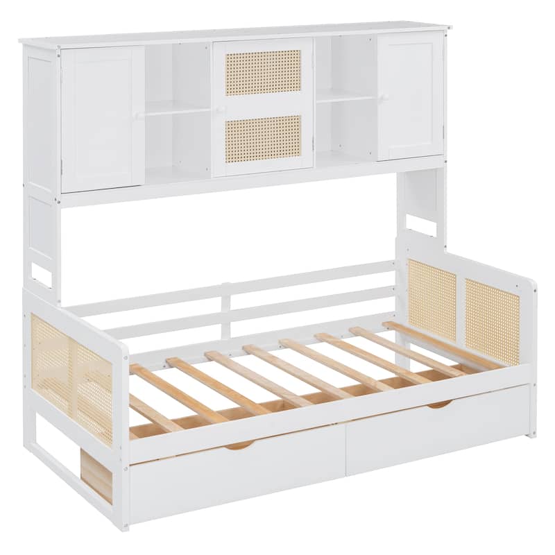 Twin Size Daybed with All-in-One Cabinet Headboard, Space Saving Wooden Platform Bed Frame with 2 Storage Drowers and Shelfs
