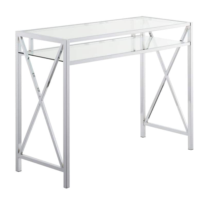 42 Inch Desk with Glass Top - Modern Home Office Computer Writing Desk with Shelf