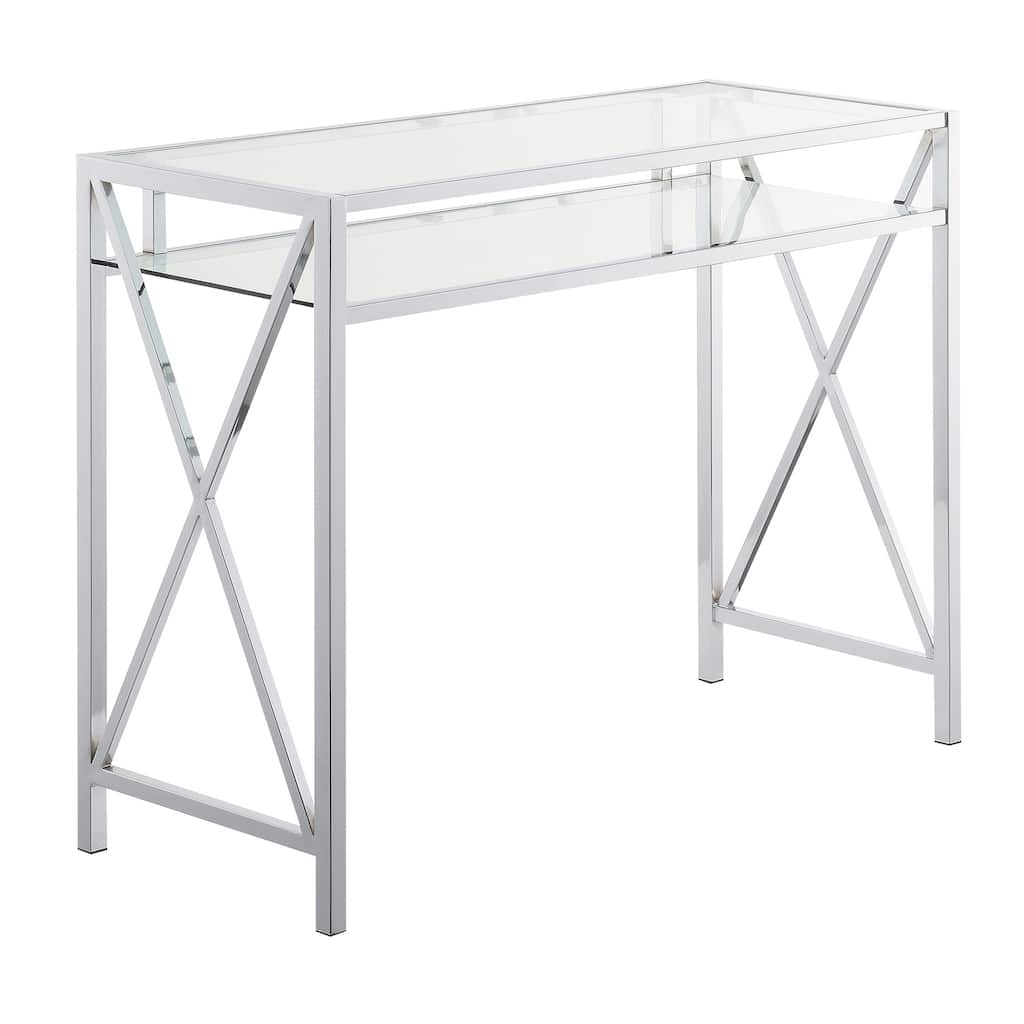 42 Inch Desk with Glass Top - Modern Home Office Computer Writing Desk with Shelf