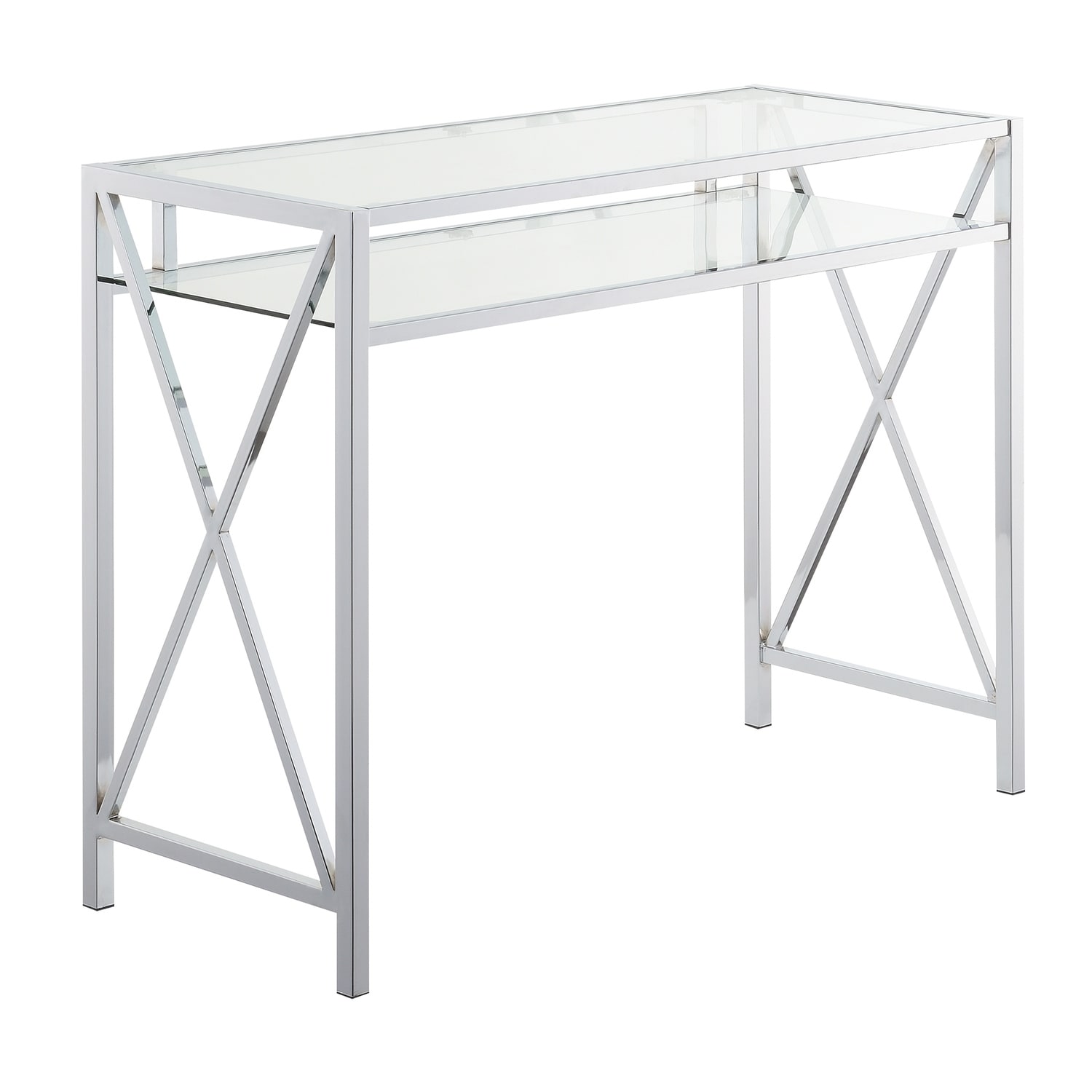 42 Inch Desk with Glass Top - Modern Home Office Computer Writing Desk with Shelf - Chrome