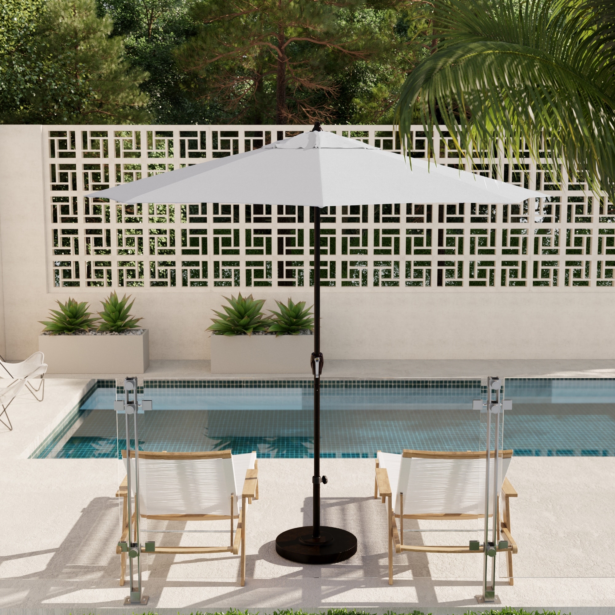 9 ft aluminum patio umbrella in spa SAFAVIEH Outdoor - Elsa 9-Foot Crank - Navy & White Canopy - Brown Pole - Striped European Design the right base (not included) can support freestanding configurations as well California Umbrella 9 ft. Bronze
